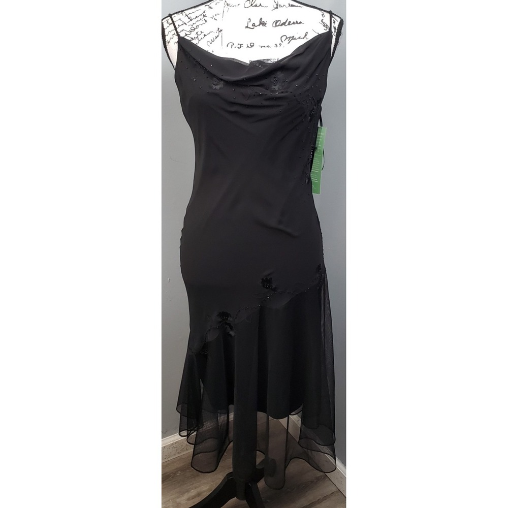 De Laru Long Evening Dress‎ Womens 8 Black Beaded Cowl Neck Spaghetti Strap